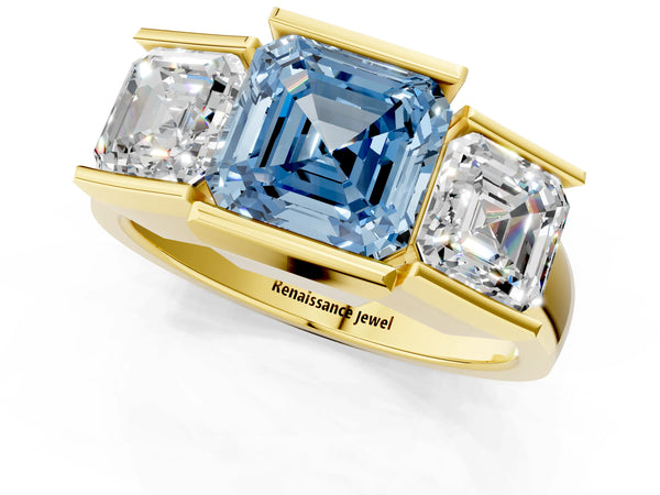 Yellow Gold Asscher Cut Channel Set Three Stone Engagement Ring Setting for Fancy Blue Center
