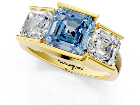 Yellow gold Three Stone Fancy Blue Asscher Cut Cut Channel Set Diamond Ring_1