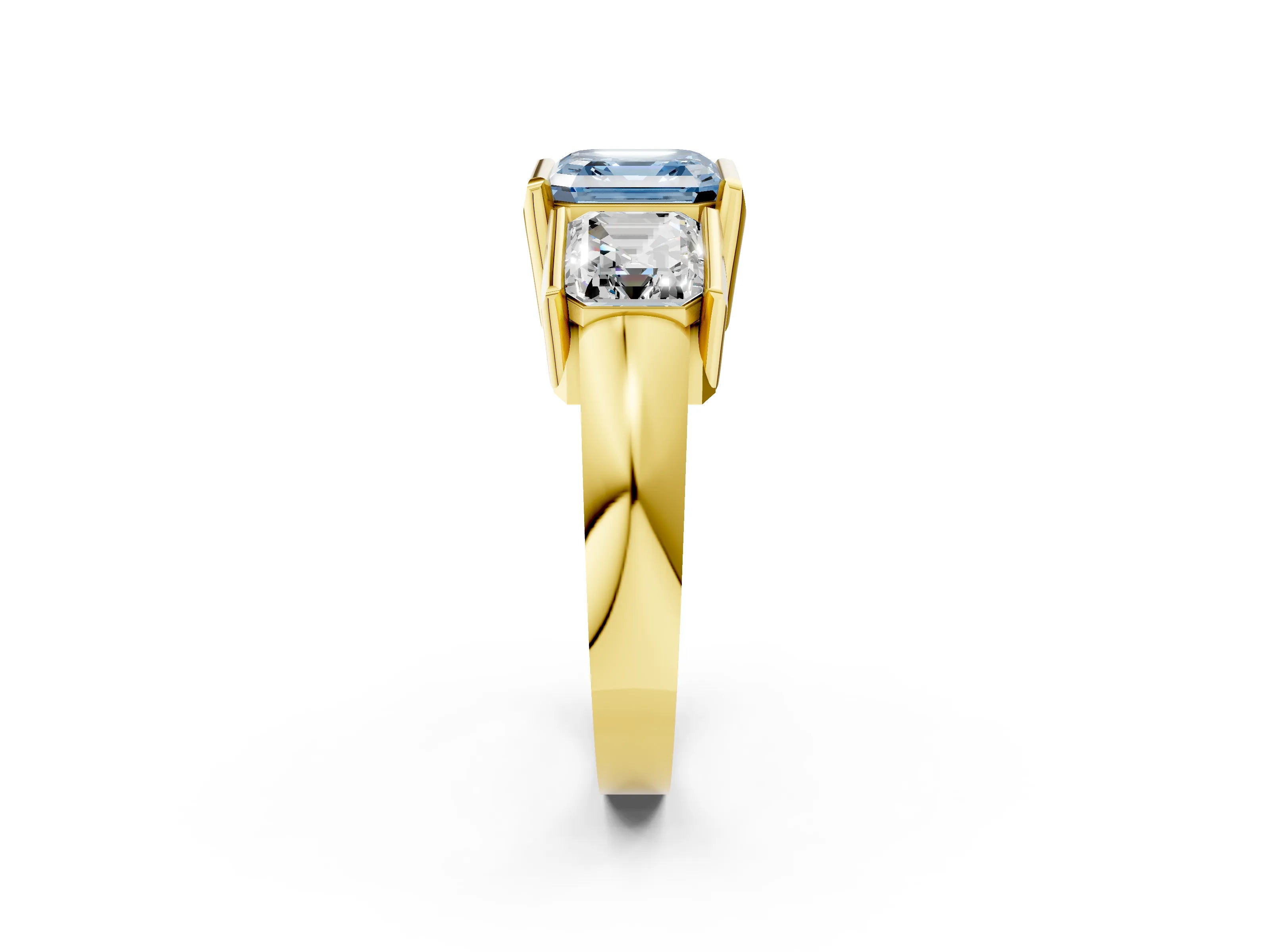 Yellow gold Three Stone Fancy Blue Asscher Cut Cut Channel Set Diamond Ring_2