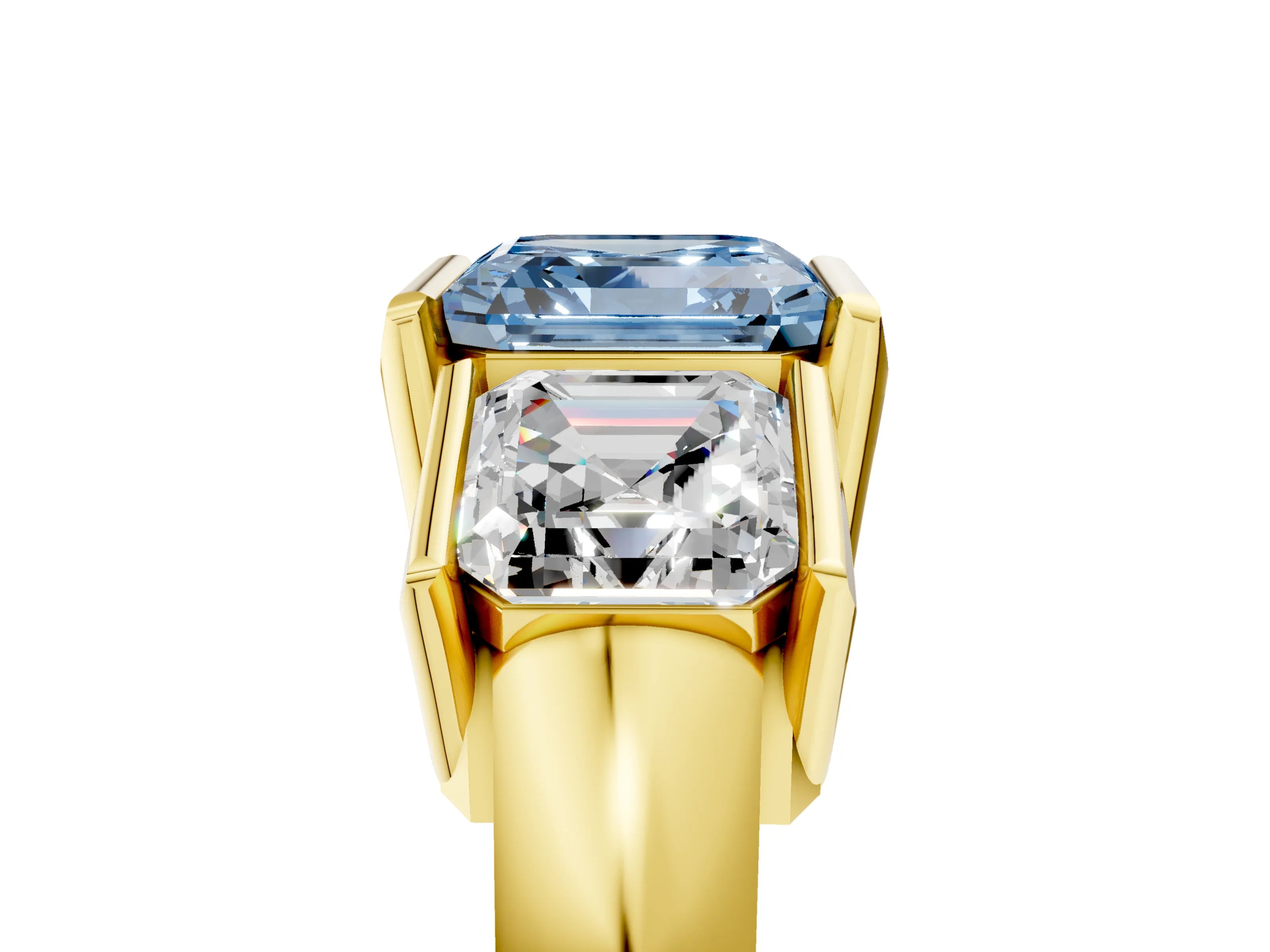 Yellow gold Three Stone Fancy Blue Asscher Cut Cut Channel Set Diamond Ring_5