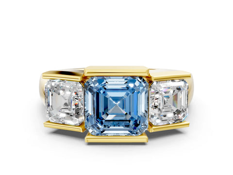 Yellow gold Three Stone Fancy Blue Asscher Cut Cut Channel Set Diamond Ring