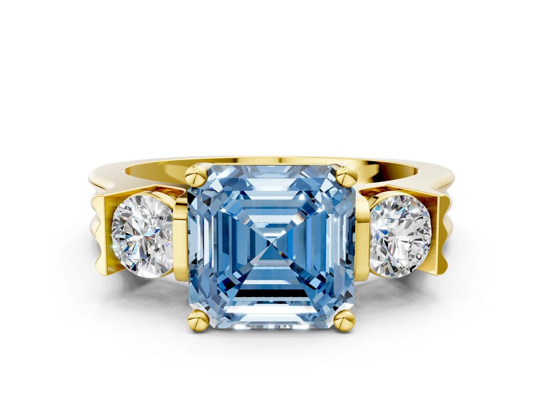 Yellow gold Three-Stone Fancy Blue Asscher Cut Cut Classic Band Prong Setting Ring