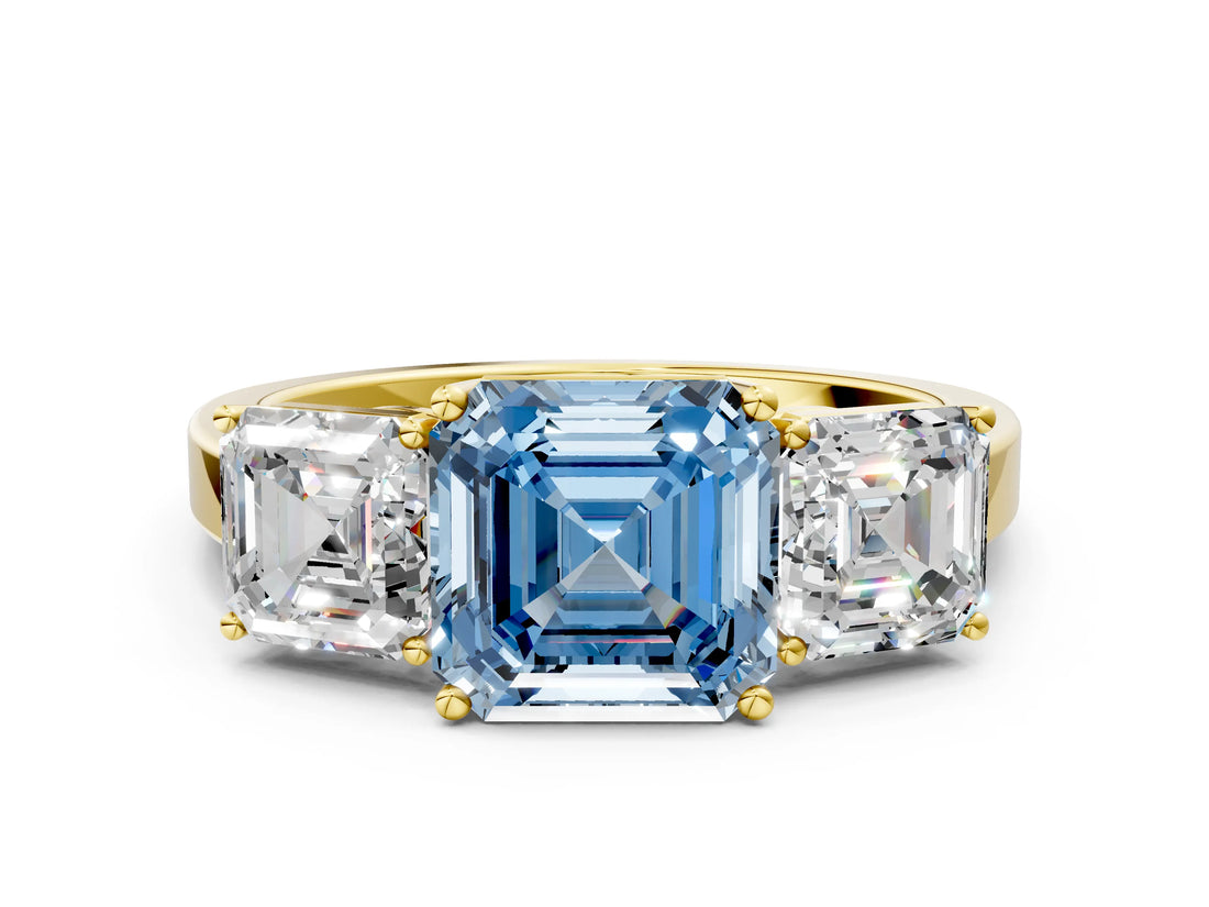 Yellow gold Three-Stone Fancy Blue Asscher Cut Cut Diamond Engagement Ring with Flat Band and Four-Prong Setting_12