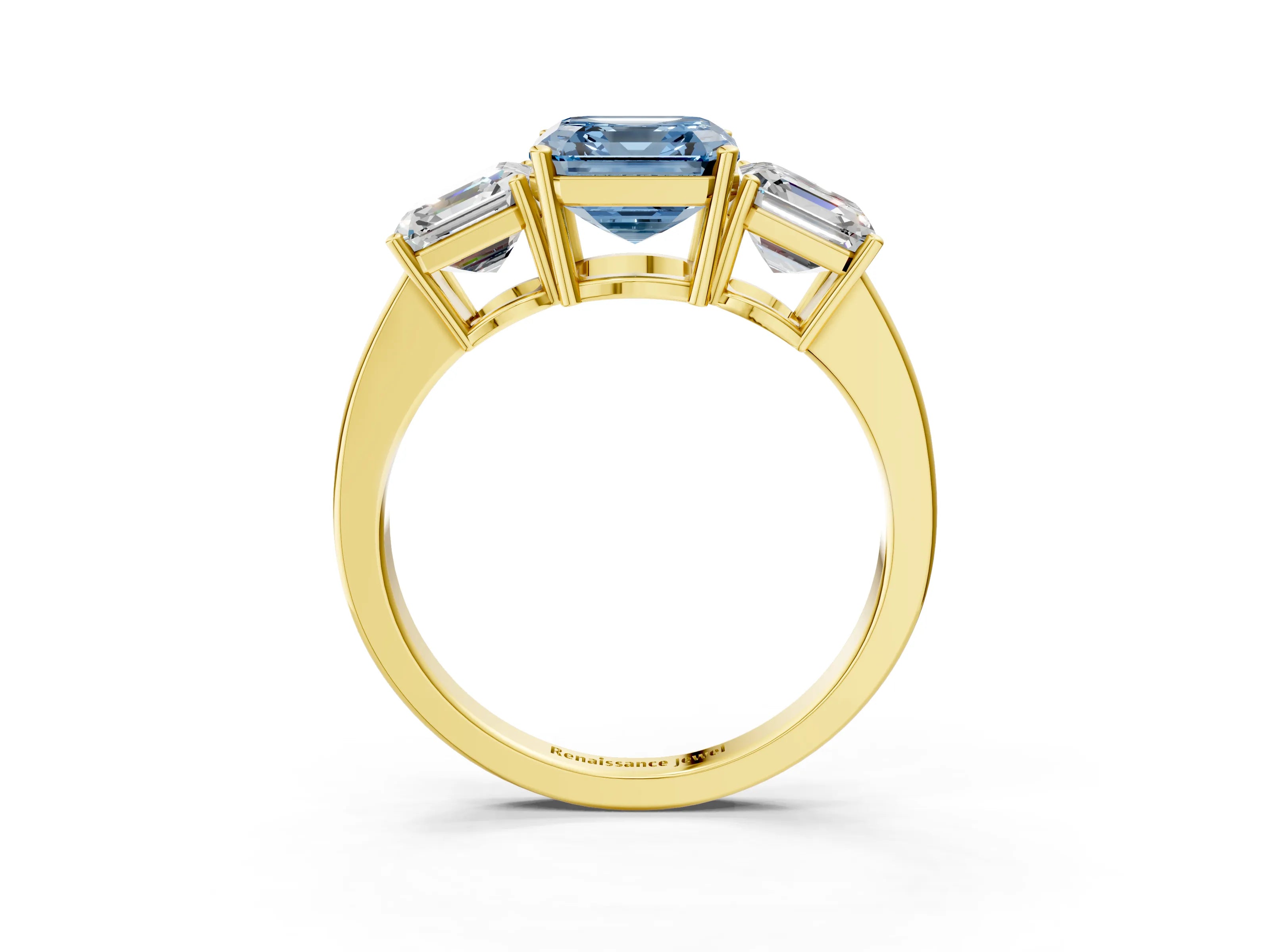 Yellow gold Three-Stone Fancy Blue Asscher Cut Cut Diamond Engagement Ring with Flat Band and Four-Prong Setting_15