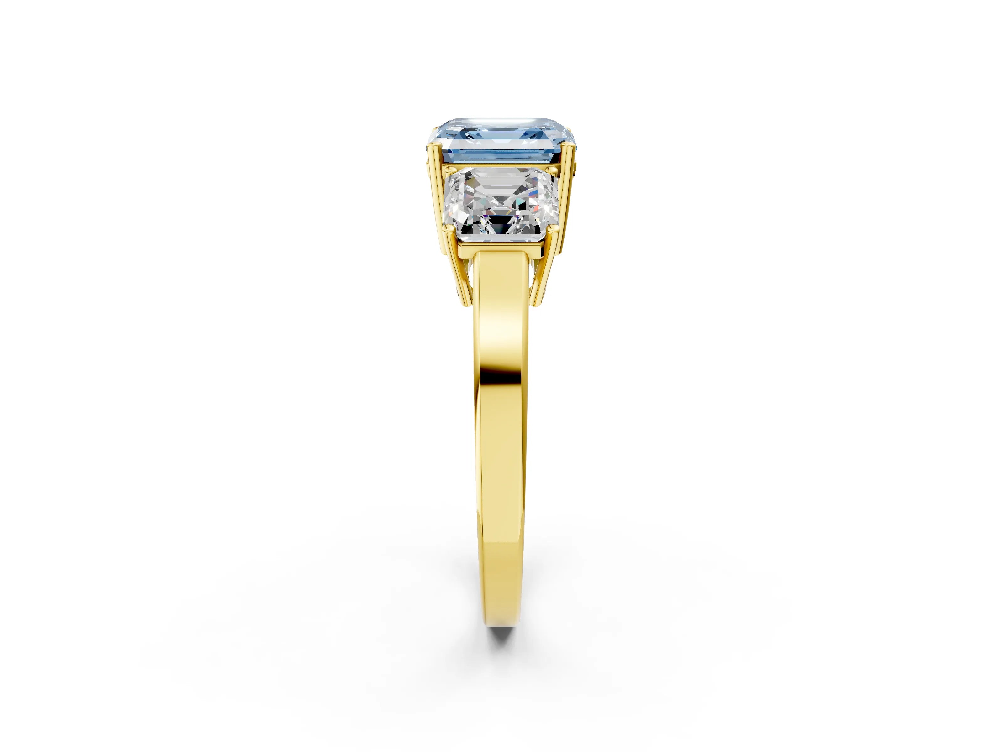 Yellow gold Three-Stone Fancy Blue Asscher Cut Cut Diamond Engagement Ring with Flat Band and Four-Prong Setting_2