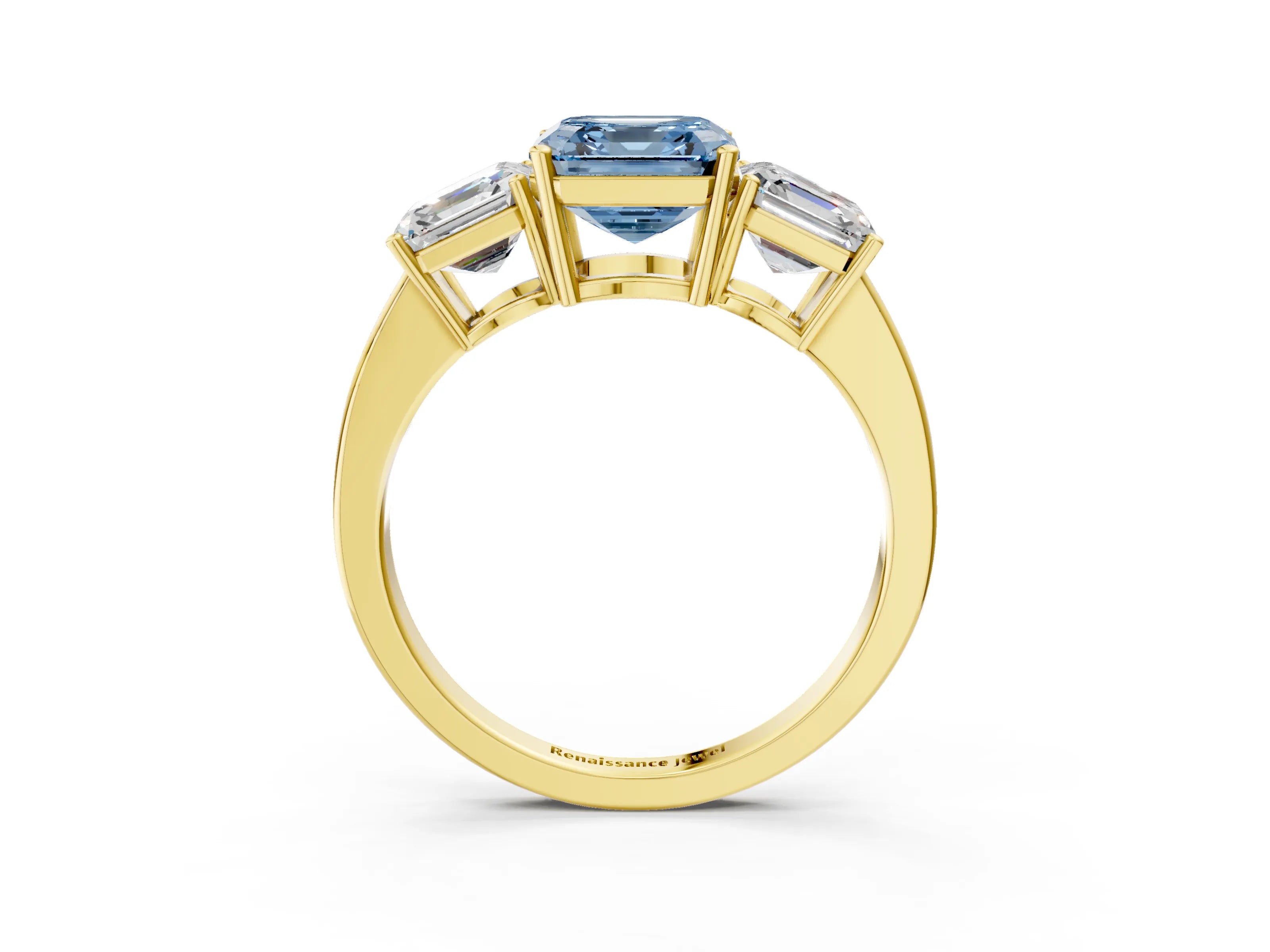 Yellow gold Three-Stone Fancy Blue Asscher Cut Cut Diamond Engagement Ring with Flat Band and Four-Prong Setting_3