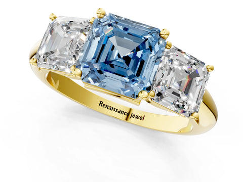 Yellow gold Three-Stone Fancy Blue Asscher Cut Cut Diamond Engagement Ring with Prong Setting on a White Gold Band_1