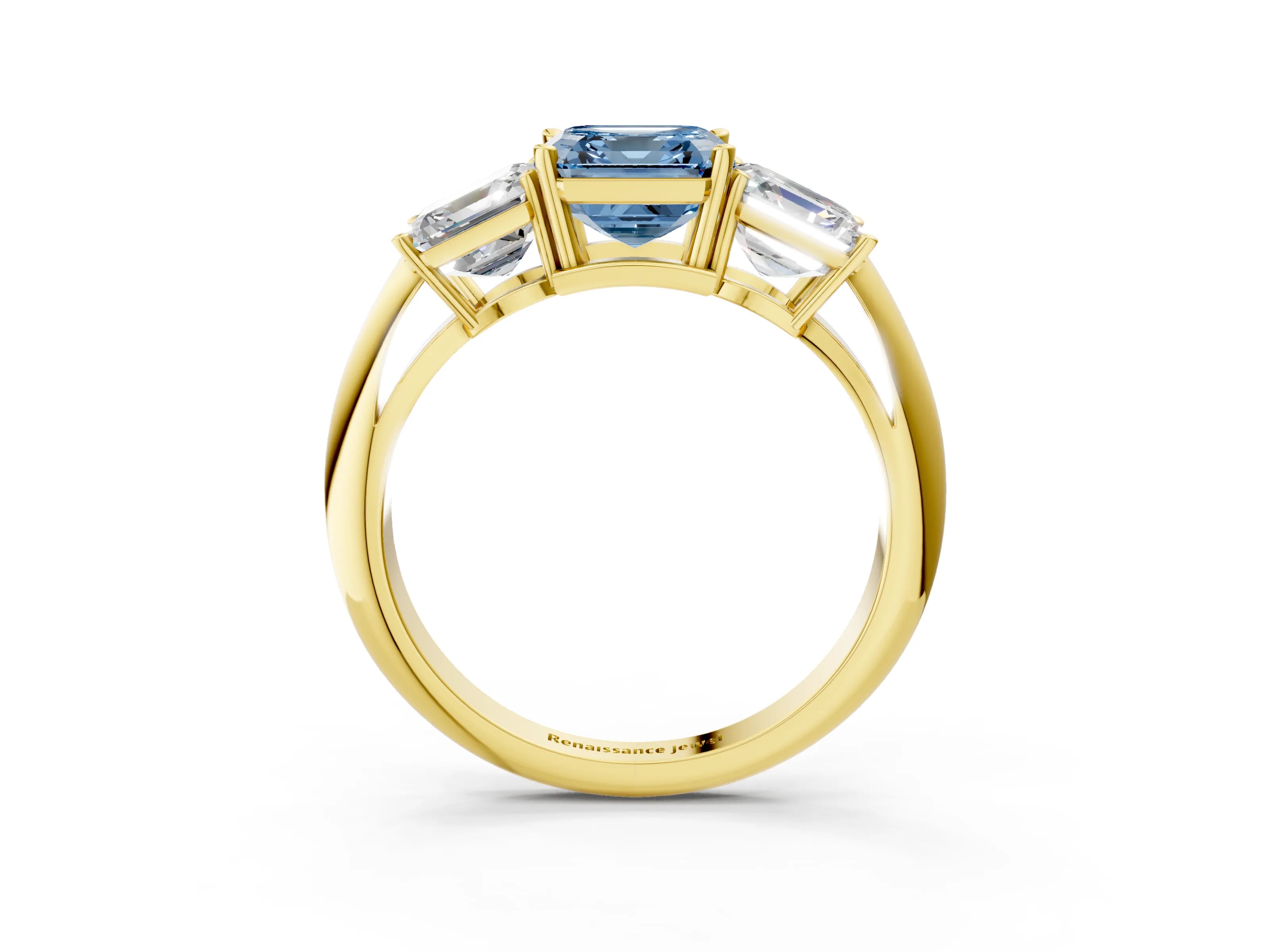 Yellow gold Three-Stone Fancy Blue Asscher Cut Cut Diamond Engagement Ring with Prong Setting on a White Gold Band_3