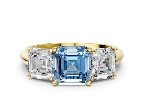 Yellow gold Three-Stone Fancy Blue Asscher Cut Cut Diamond Engagement Ring with Prong Setting on a White Gold Band