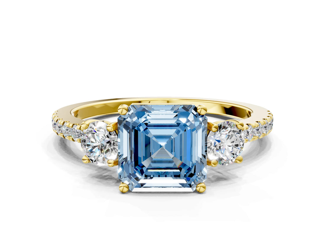 Yellow gold Three-Stone Fancy Blue Asscher Cut Cut Diamond Pavé Band with Prong Setting_15