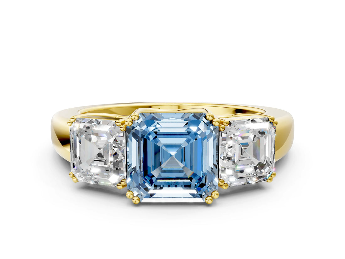 Yellow gold Three-Stone Fancy Blue Asscher Cut Cut Diamond Ring with Channel Set Band and Four-Prong Setting_24