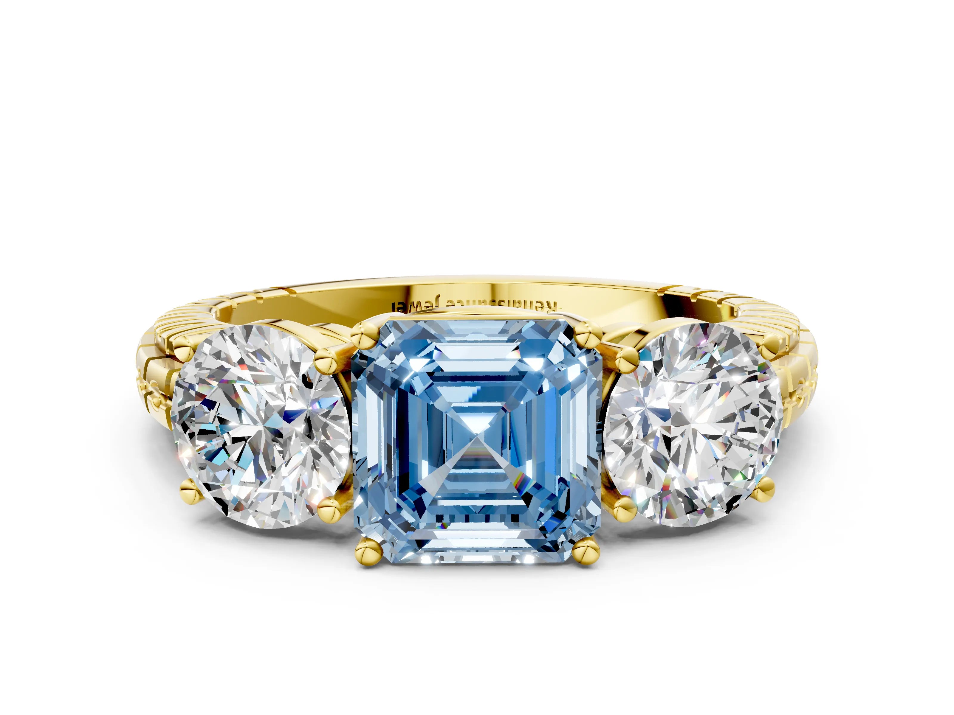 Yellow gold Three-Stone Fancy Blue Asscher Cut Cut Diamond Ring with Channel-Set Band and Prong Setting