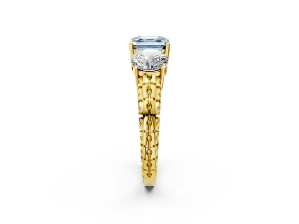 Yellow gold Three-Stone Fancy Blue Asscher Cut Cut Diamond Ring with Channel-Set Band and Prong Setting