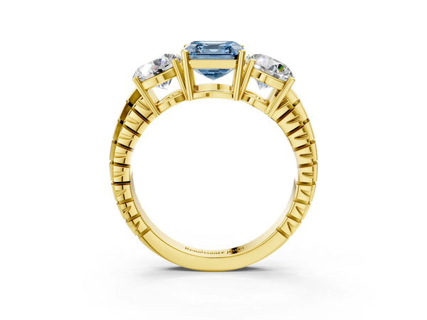 Yellow gold Three-Stone Fancy Blue Asscher Cut Cut Diamond Ring with Channel-Set Band and Prong Setting