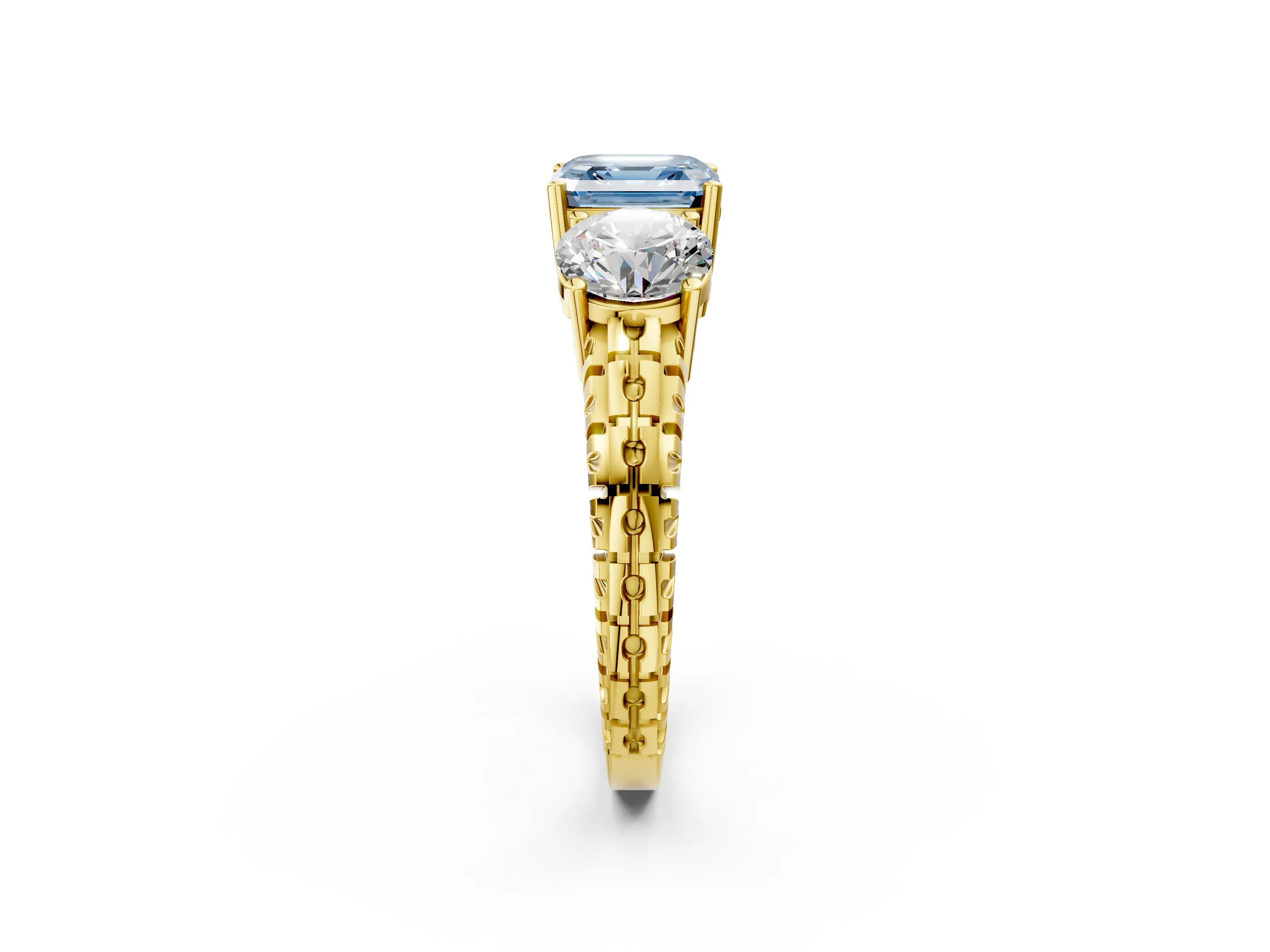 Yellow gold Three-Stone Fancy Blue Asscher Cut Cut Diamond Ring with Channel-Set Band and Prong Setting_2