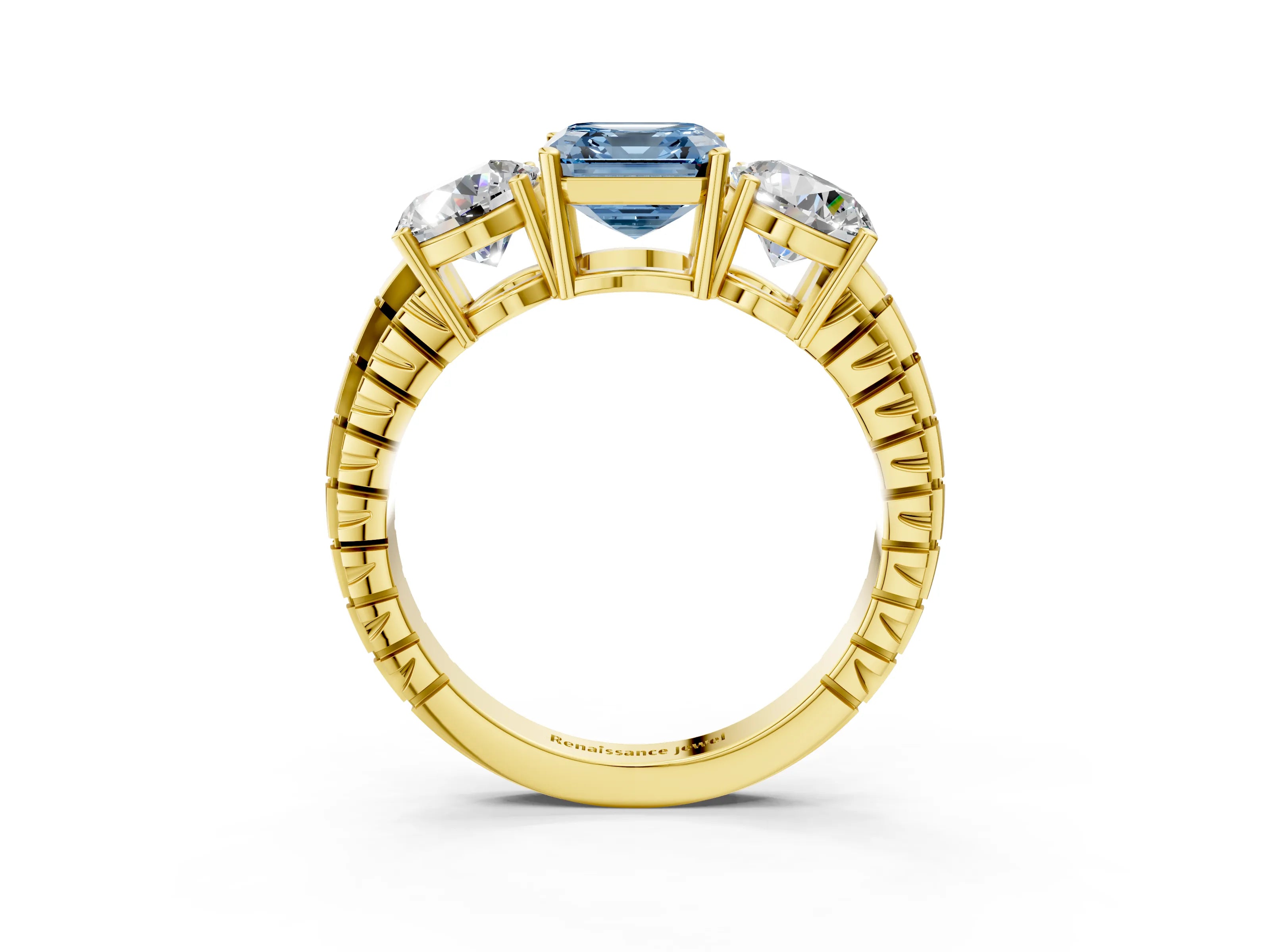 Yellow gold Three-Stone Fancy Blue Asscher Cut Cut Diamond Ring with Channel-Set Band and Prong Setting_3