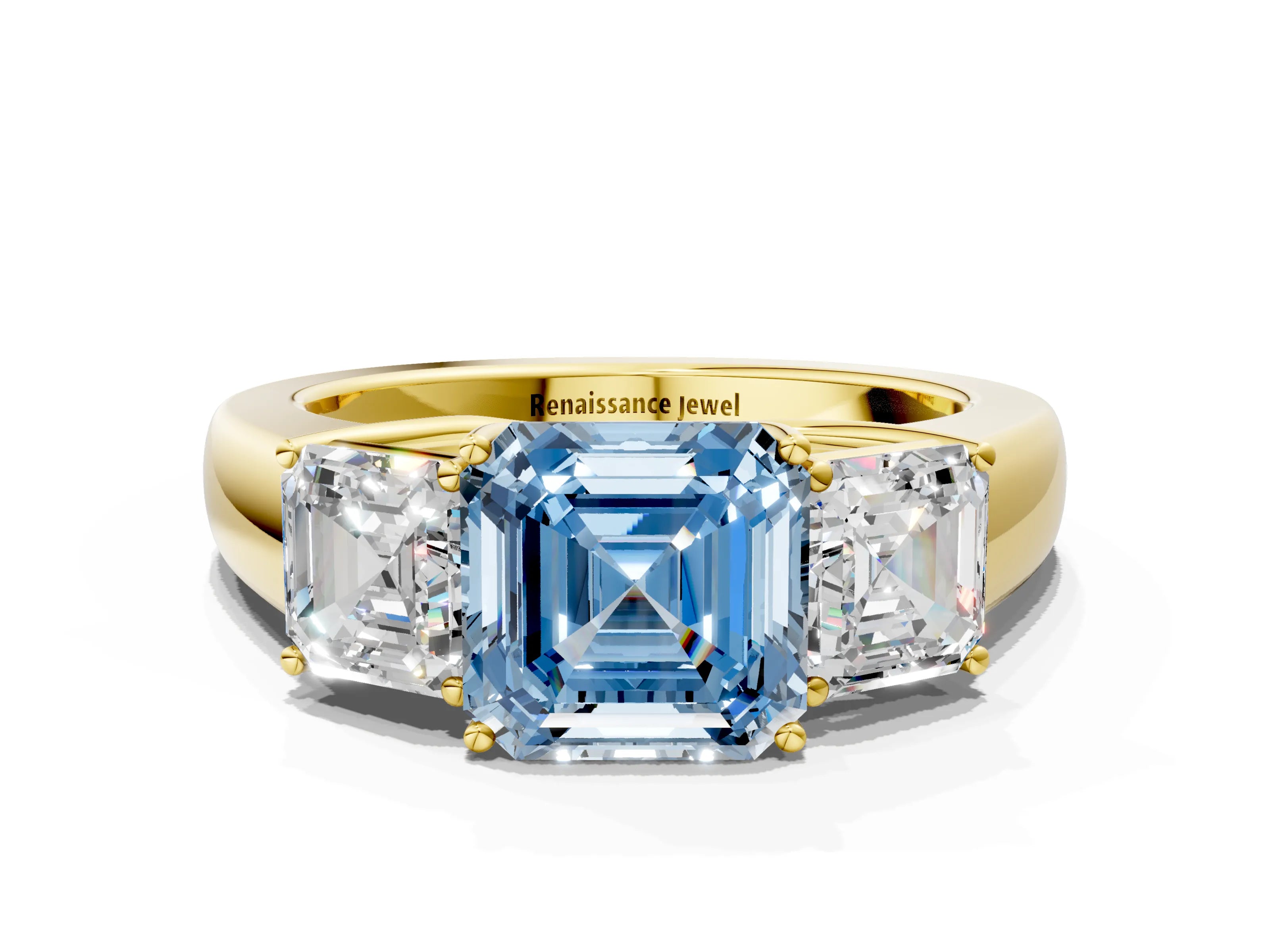 Yellow gold Three-Stone Fancy Blue Asscher Cut Cut Diamond Ring with Prong Setting and Classic Band