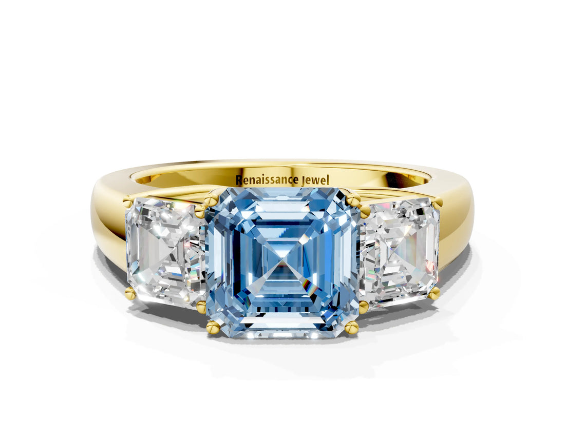 Yellow gold Three-Stone Fancy Blue Asscher Cut Cut Diamond Ring with Prong Setting and Classic Band