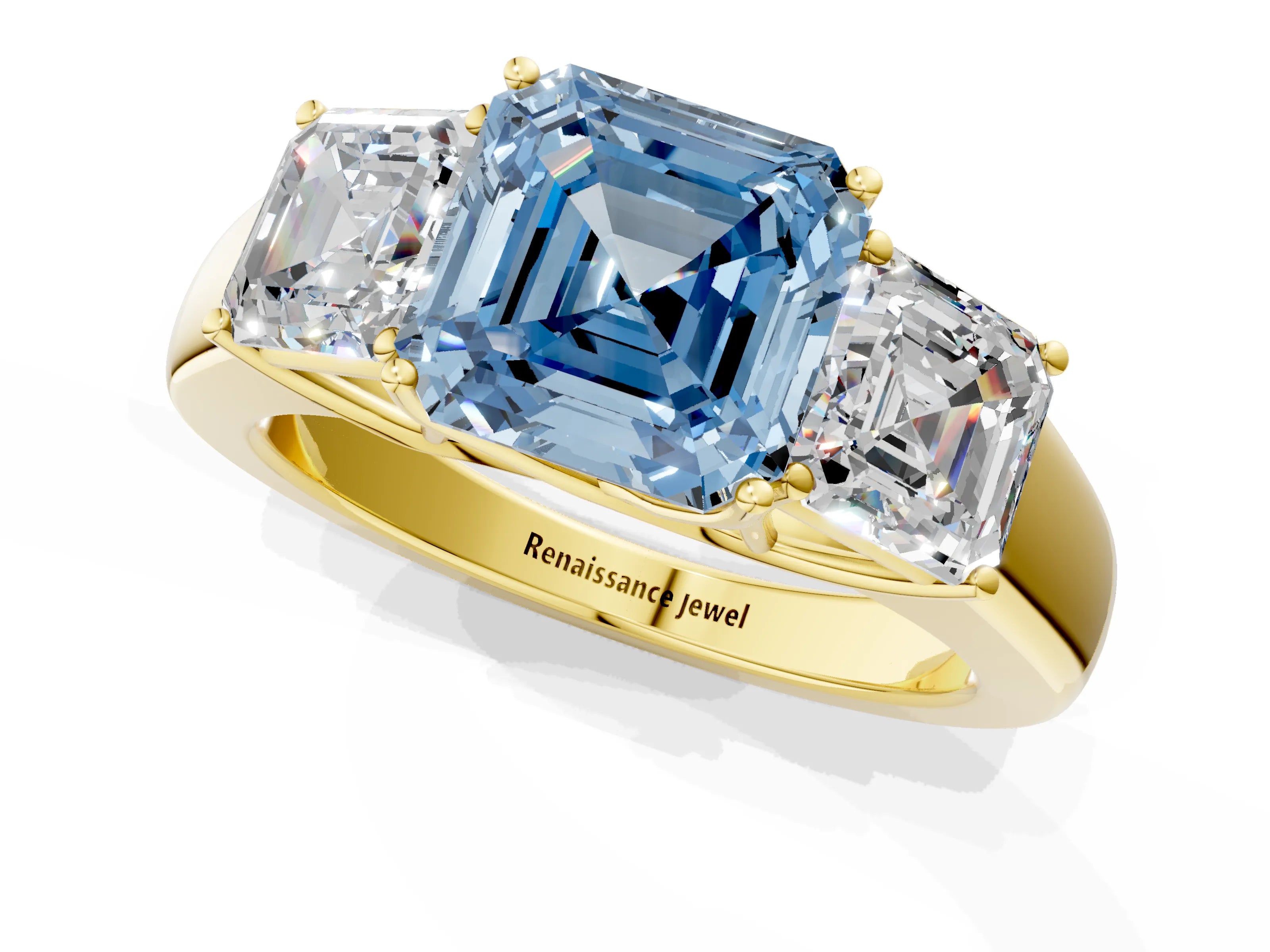 Yellow gold Three-Stone Fancy Blue Asscher Cut Cut Diamond Ring with Prong Setting and Classic Band_1