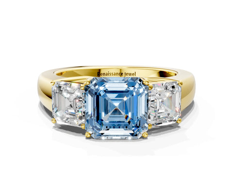 Yellow gold Three-Stone Fancy Blue Asscher Cut Cut Diamond Ring with Prong Setting and Classic Band