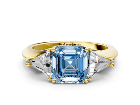 Yellow gold Three-Stone Fancy Blue Asscher Cut Cut Diamond Ring with Trillion Side Stones and Four-Prong Setting_3