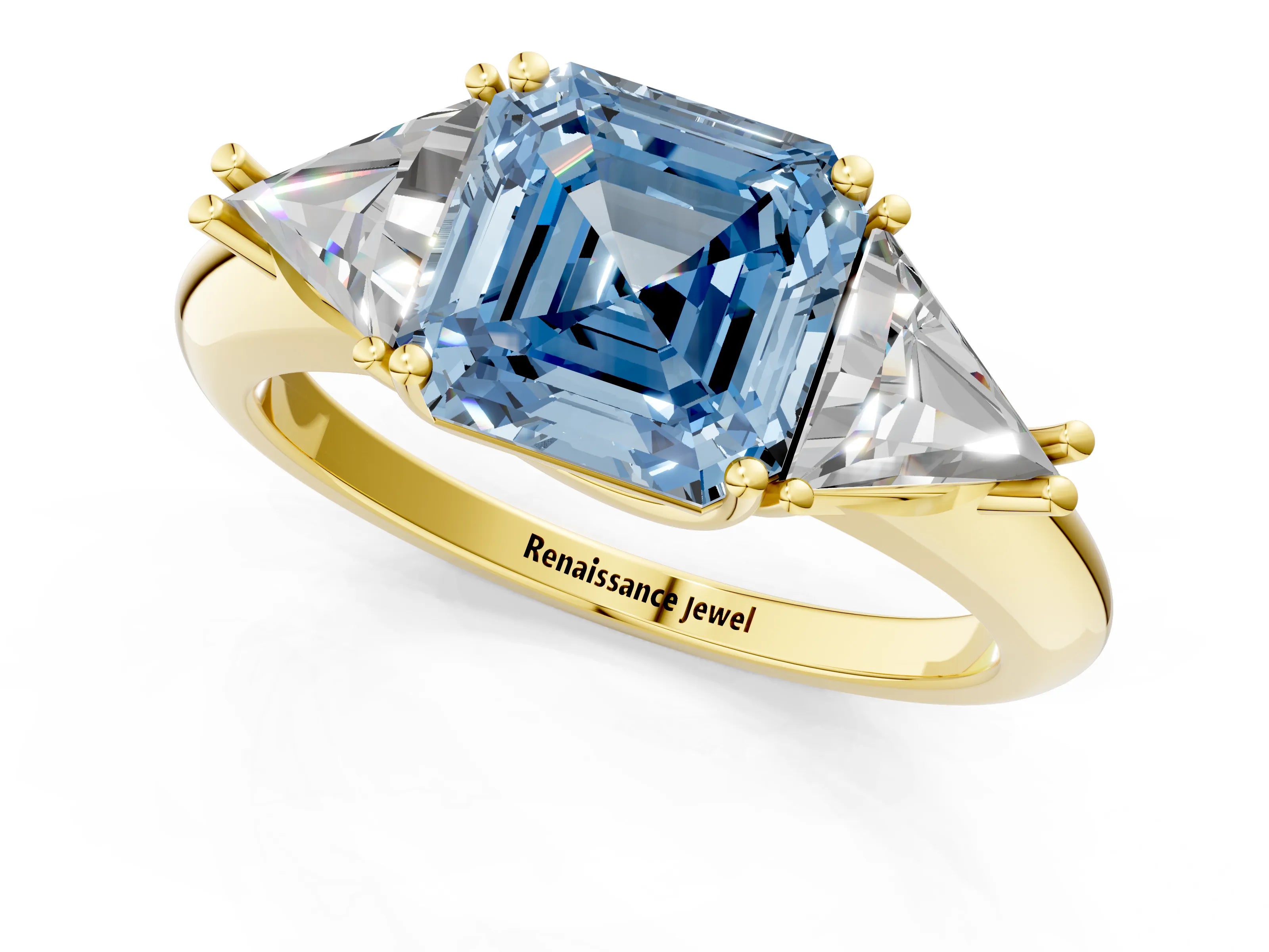 Yellow gold Three-Stone Fancy Blue Asscher Cut Cut Diamond Ring with Trillion Side Stones and Four-Prong Setting_4