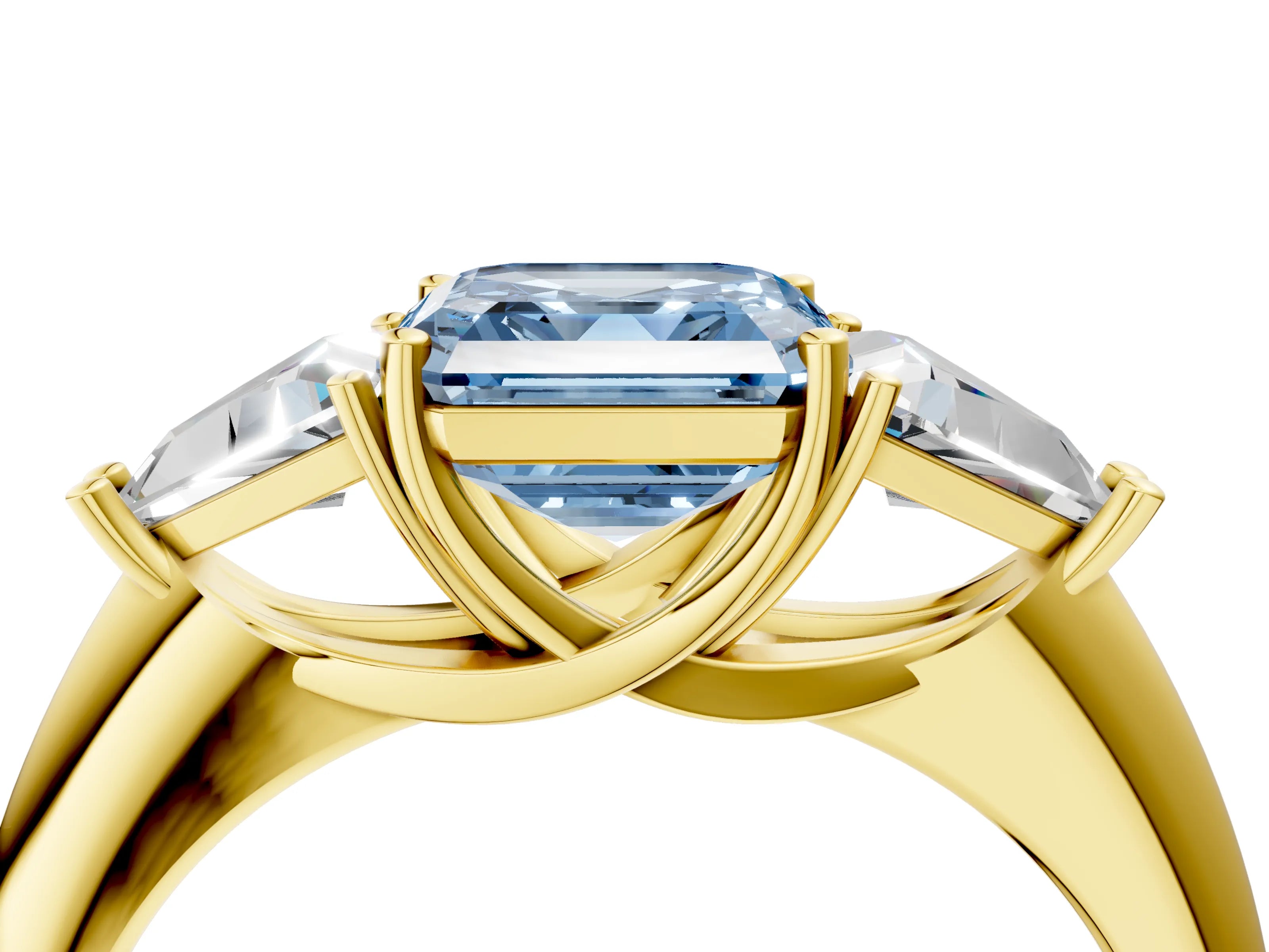 Yellow gold Three-Stone Fancy Blue Asscher Cut Cut Diamond Ring with Trillion Side Stones and Four-Prong Setting_7