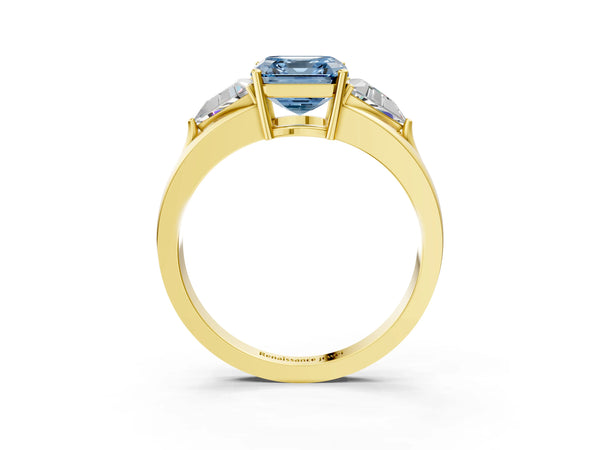 Yellow Gold Asscher Cut Split Shank Three Stone Engagement Ring Setting for Fancy Blue Center