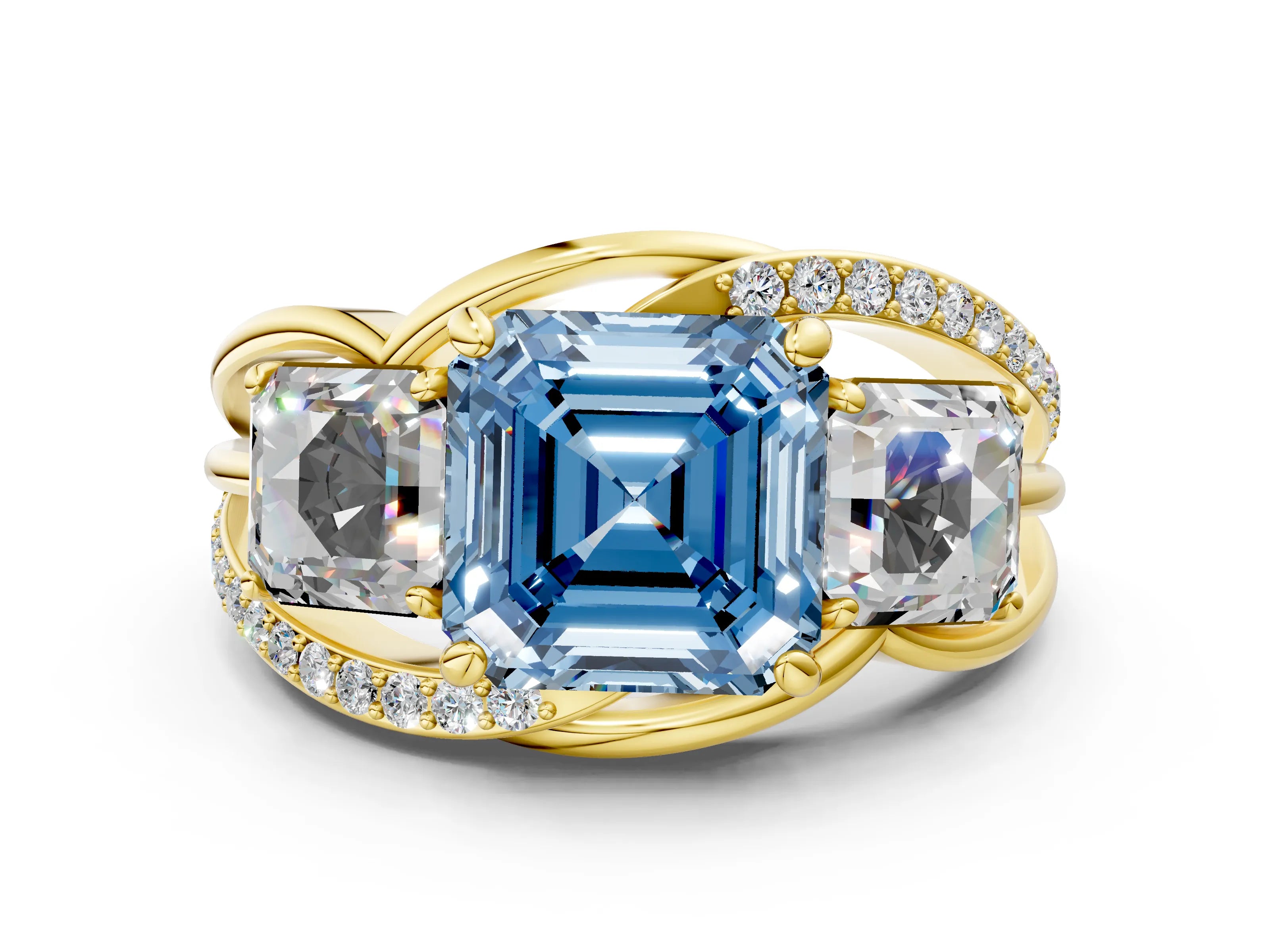 Yellow gold Three-Stone Fancy Blue Asscher Cut Cut Diamond Split Shank Prong Set Ring_12
