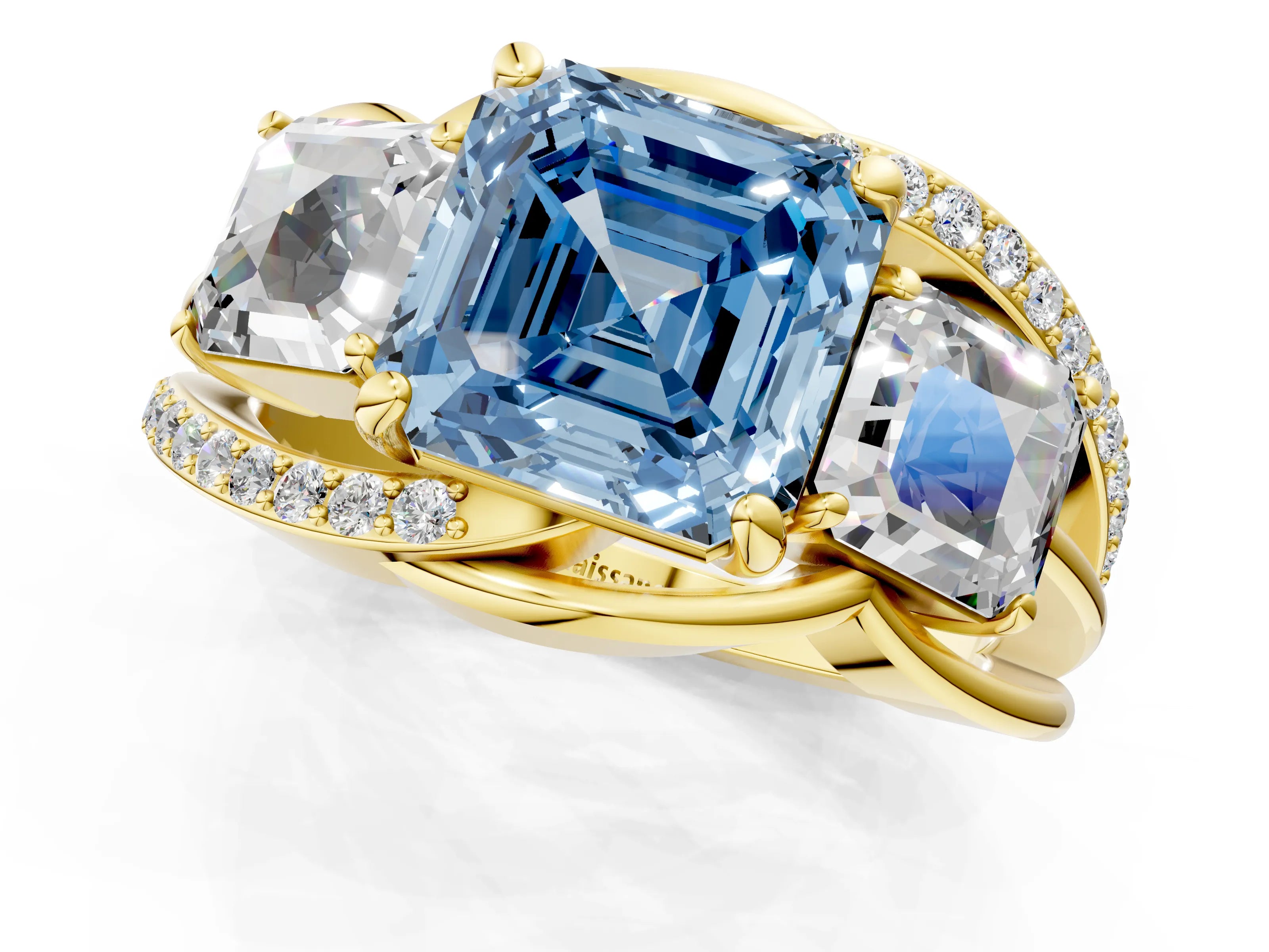 Yellow gold Three-Stone Fancy Blue Asscher Cut Cut Diamond Split Shank Prong Set Ring_13