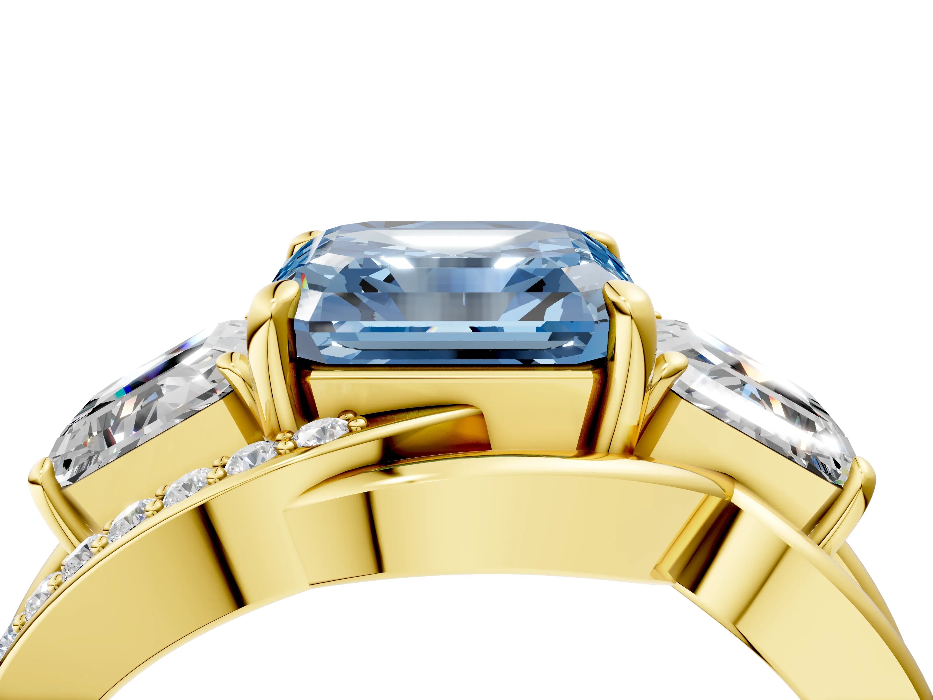 Yellow gold Three-Stone Fancy Blue Asscher Cut Cut Diamond Split Shank Prong Set Ring_16