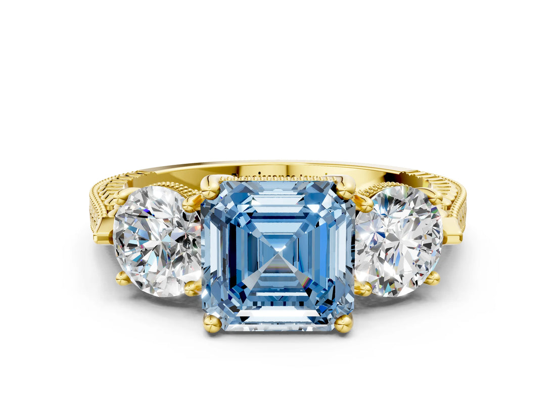 Yellow gold Three-Stone Fancy Blue Asscher Cut Cut Milgrain Band Prong Setting Ring