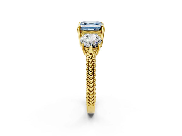 Yellow Gold Asscher Cut Vintage Three Stone Engagement Ring Setting for Fancy Blue Center
