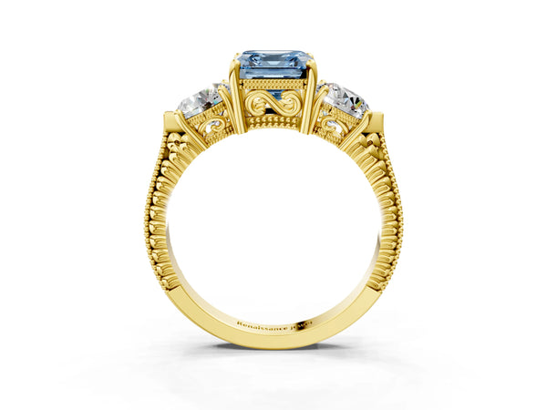 Yellow Gold Asscher Cut Vintage Three Stone Engagement Ring Setting for Fancy Blue Center