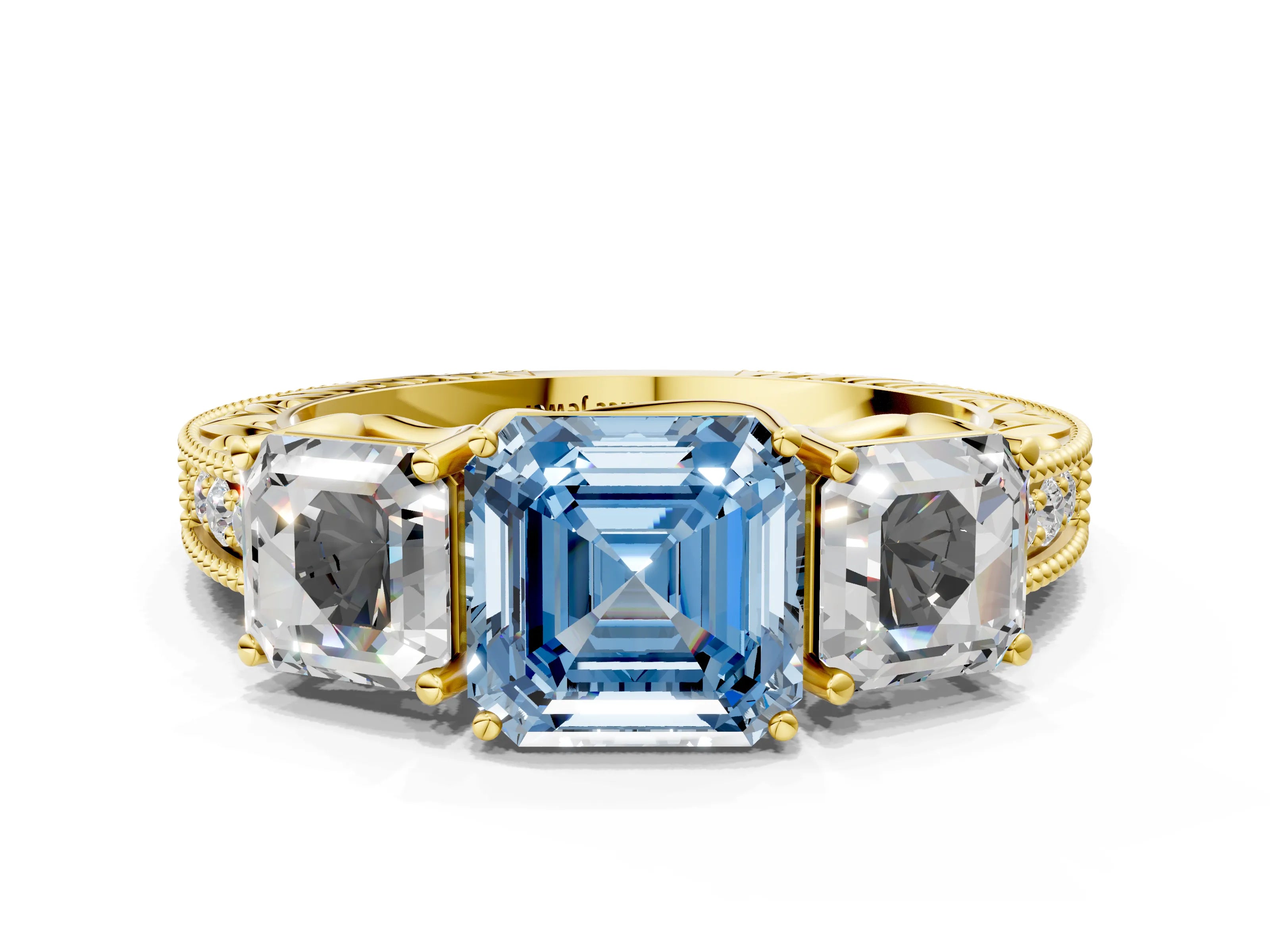 Yellow gold Three-Stone Fancy Blue Asscher Cut Cut Milgrain Pavé Engagement Ring