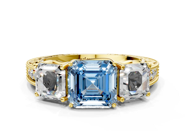 Yellow gold Three-Stone Fancy Blue Asscher Cut Cut Milgrain Pavé Engagement Ring