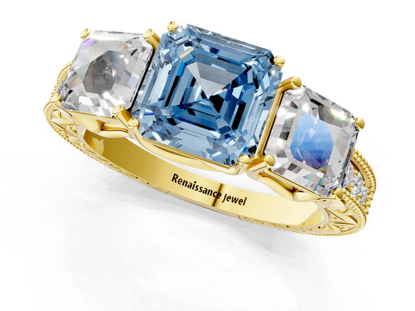 Yellow gold Three-Stone Fancy Blue Asscher Cut Cut Milgrain Pavé Engagement Ring