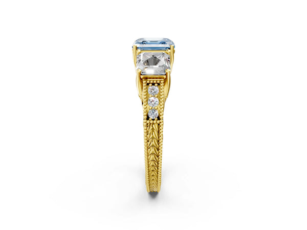Yellow gold Three-Stone Fancy Blue Asscher Cut Cut Milgrain Pavé Engagement Ring