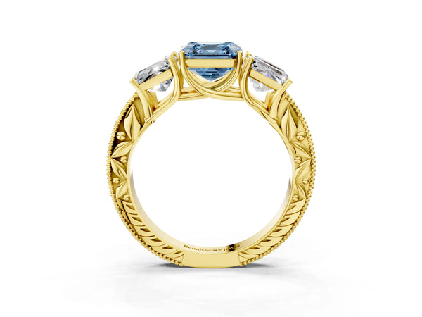 Yellow gold Three-Stone Fancy Blue Asscher Cut Cut Milgrain Pavé Engagement Ring