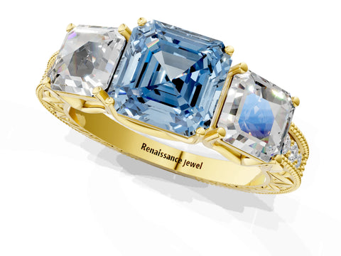 Yellow gold Three-Stone Fancy Blue Asscher Cut Cut Milgrain Pavé Engagement Ring_1