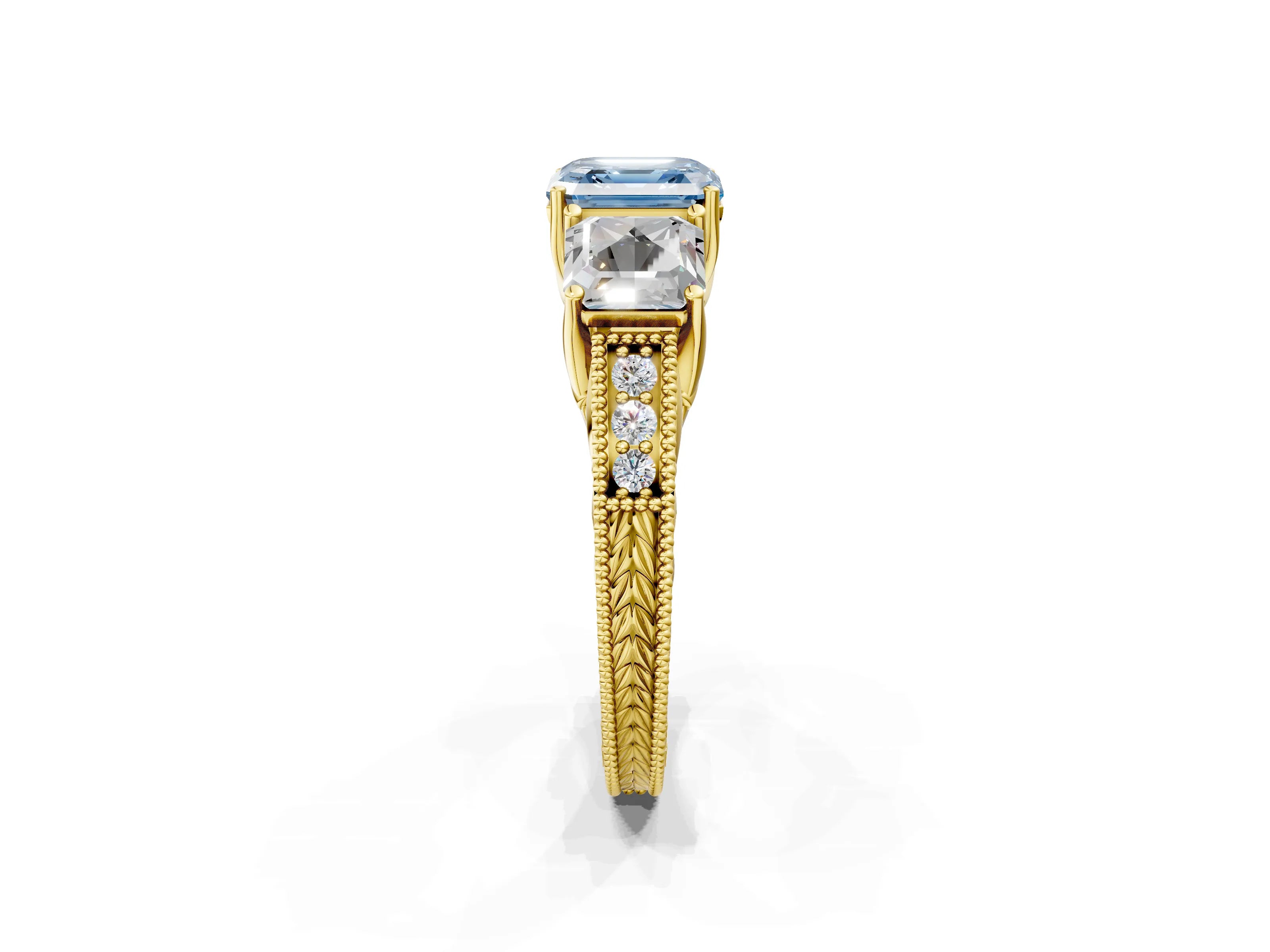 Yellow gold Three-Stone Fancy Blue Asscher Cut Cut Milgrain Pavé Engagement Ring_2