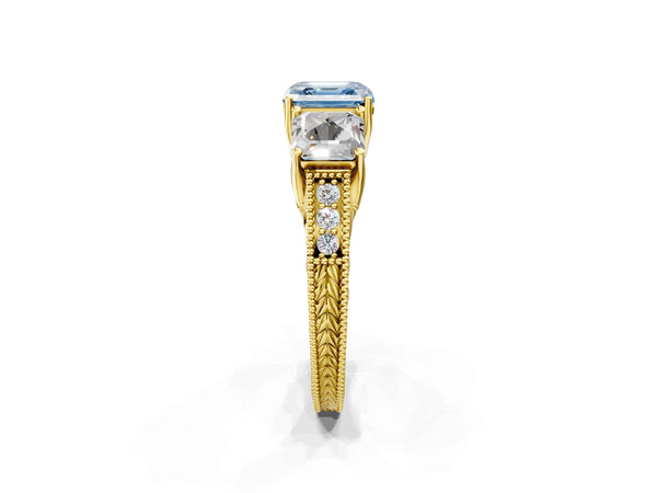 Yellow gold Three-Stone Fancy Blue Asscher Cut Cut Milgrain Pavé Engagement Ring