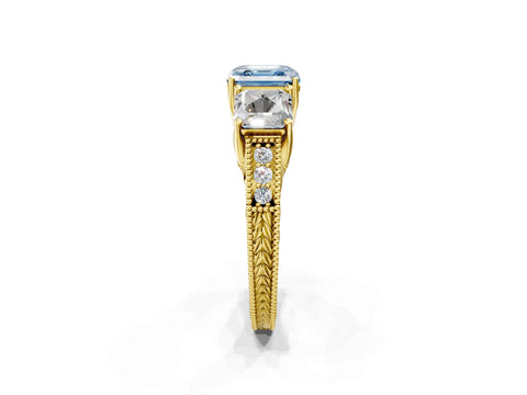 Yellow gold Three-Stone Fancy Blue Asscher Cut Cut Milgrain Pavé Engagement Ring_2