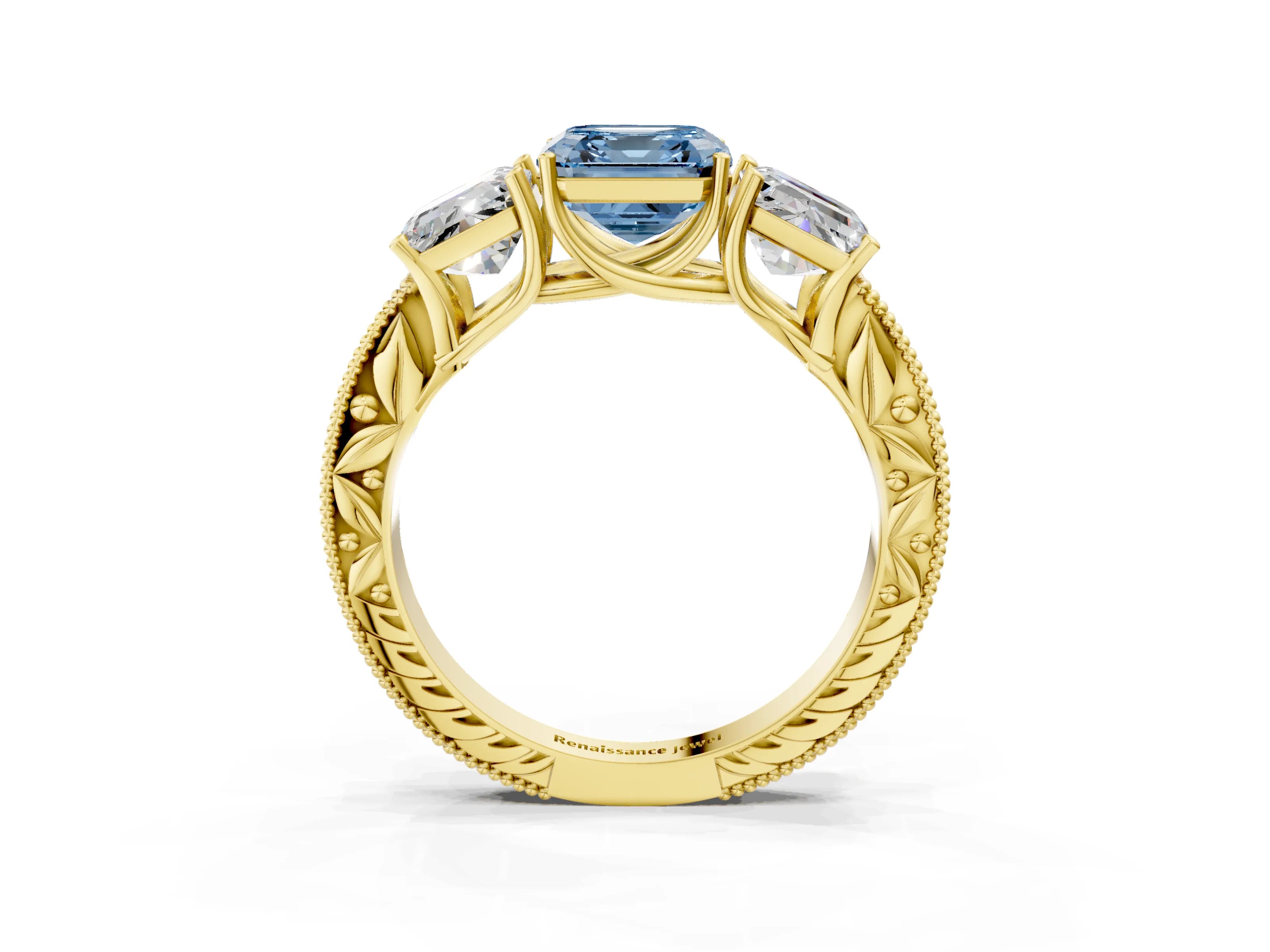 Yellow gold Three-Stone Fancy Blue Asscher Cut Cut Milgrain Pavé Engagement Ring_3