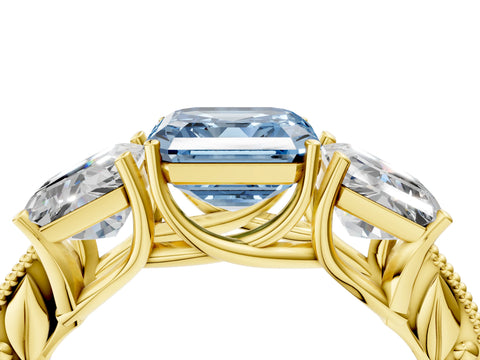 Yellow gold Three-Stone Fancy Blue Asscher Cut Cut Milgrain Pavé Engagement Ring_4