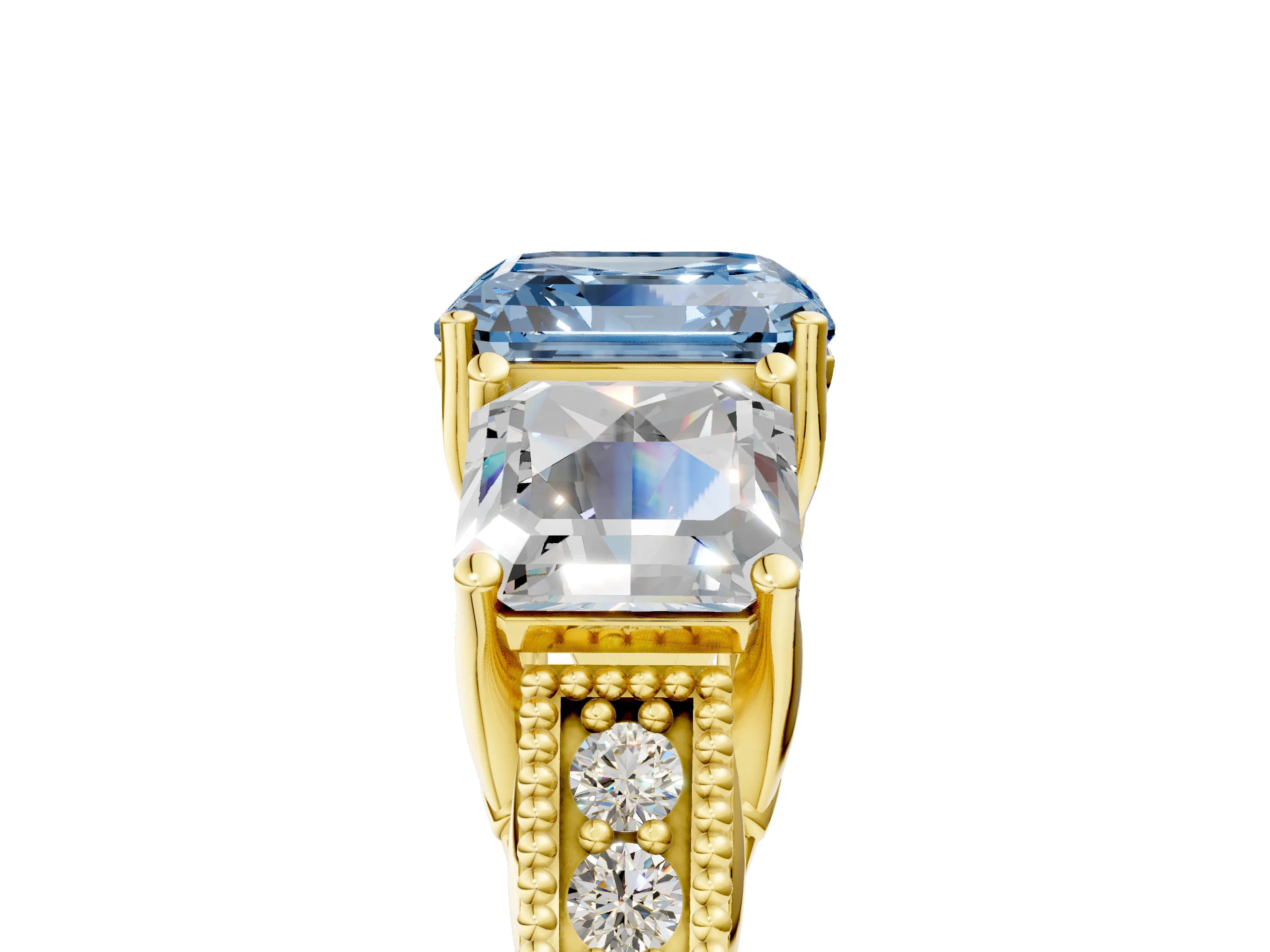 Yellow gold Three-Stone Fancy Blue Asscher Cut Cut Milgrain Pavé Engagement Ring_5