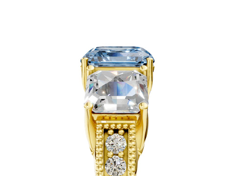 Yellow gold Three-Stone Fancy Blue Asscher Cut Cut Milgrain Pavé Engagement Ring_5