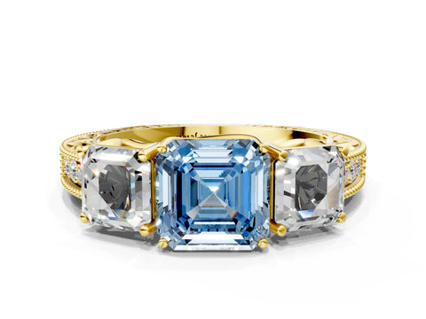 Yellow gold Three-Stone Fancy Blue Asscher Cut Cut Milgrain Pavé Engagement Ring