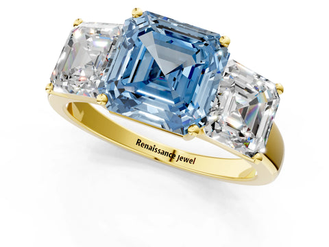 Yellow gold Three-Stone Fancy Blue Asscher Cut Cut Solitaire Ring with Classic Prong Setting_1
