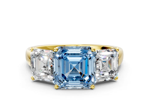 Yellow gold Three-Stone Fancy Blue Asscher Cut Cut Solitaire Ring with Classic Prong Setting